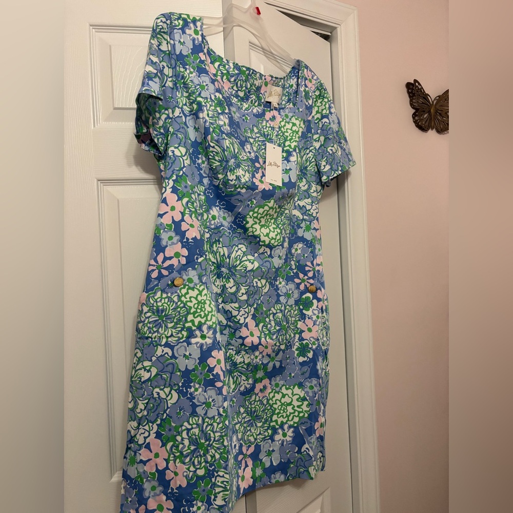 Lilly Pulitzer The Lilly Short Sleeve Shift Dress Sunwashed Blue Plumes in Bloom